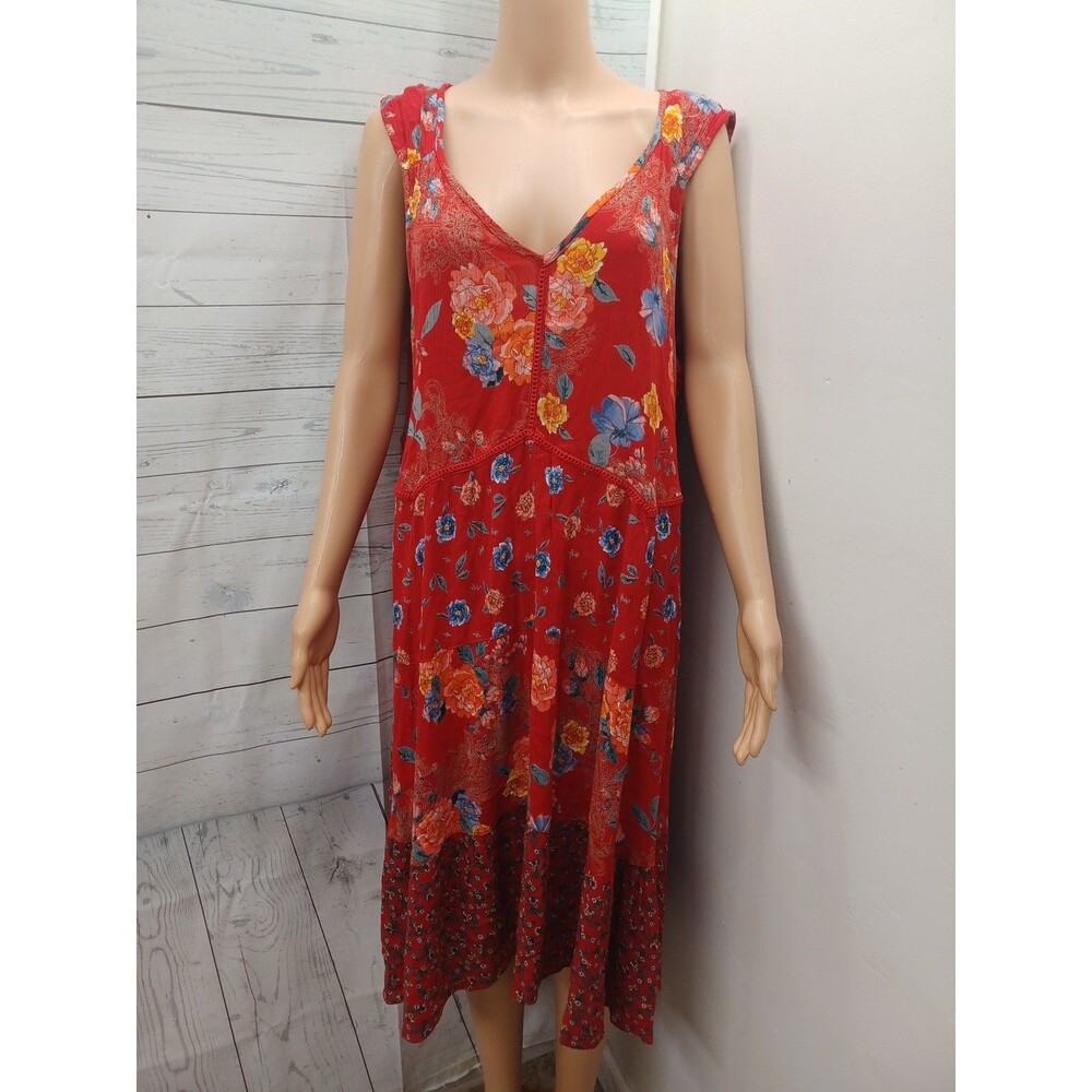 Bila Flowy Tiered Red Floral Cottage Dress Womens XL Lagenlook Sleeveless